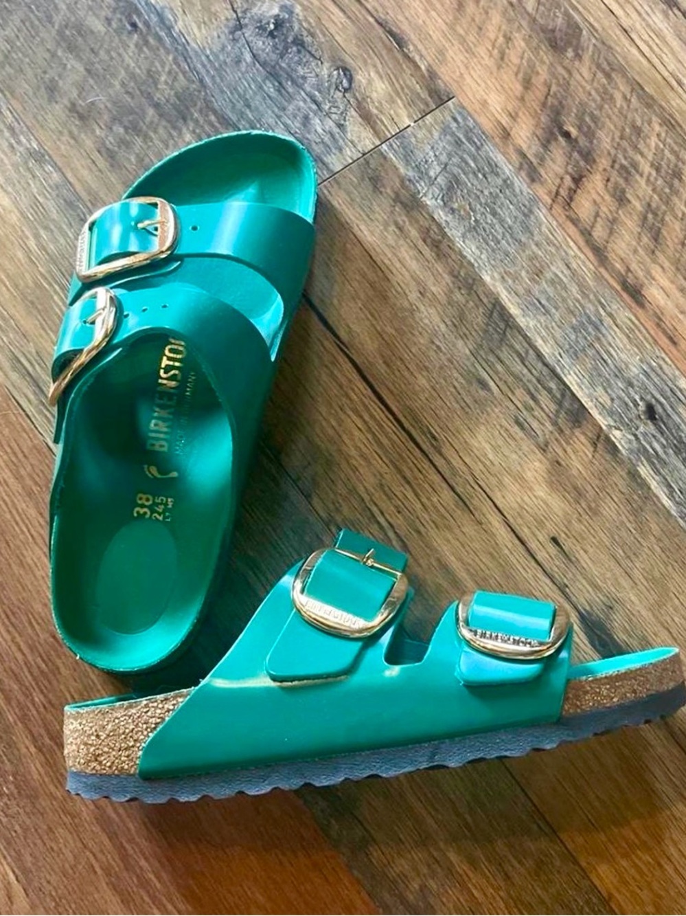 Birkenstock Teal Double-Buckle Slide Sandals with Gold Buckles - Picture 2 of 2